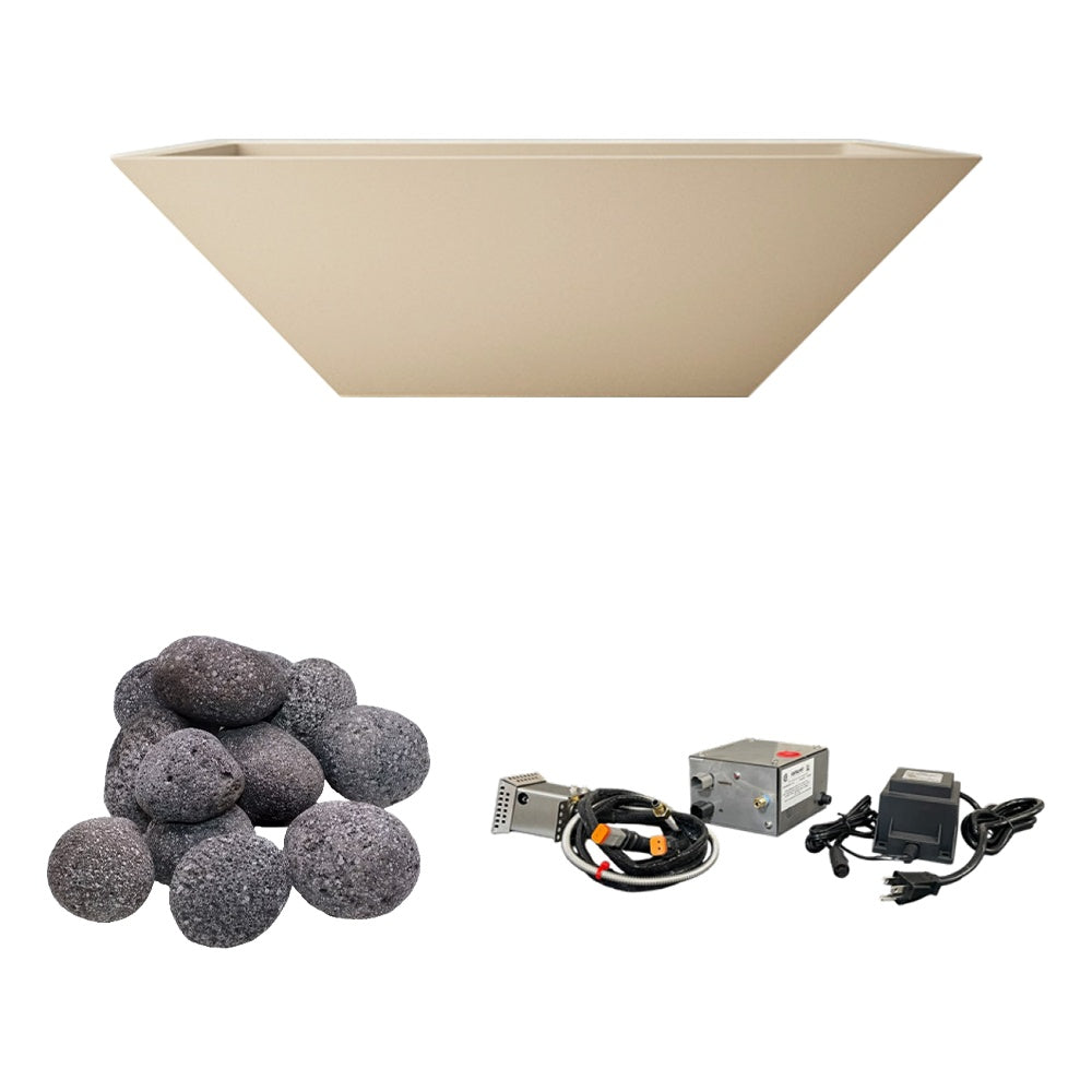Sand concrete gas fire bowl with gray lava rocks and ignition components