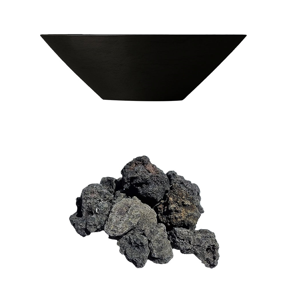 Black concrete gas fire bowl with black lava rock media