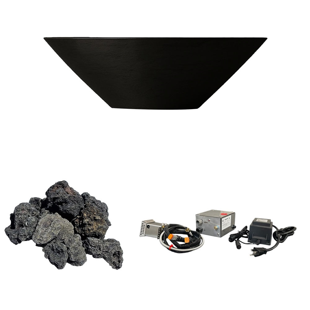 Black concrete gas fire bowl with black lava rock and ignition components