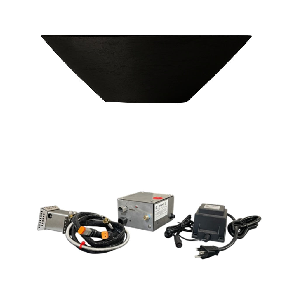 Black concrete gas fire bowl with ignition control box, wires, and burner parts