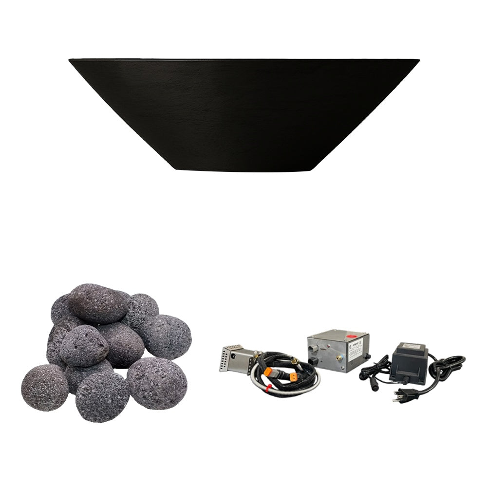 Black concrete gas fire bowl with gray lava rocks and gas burner kit