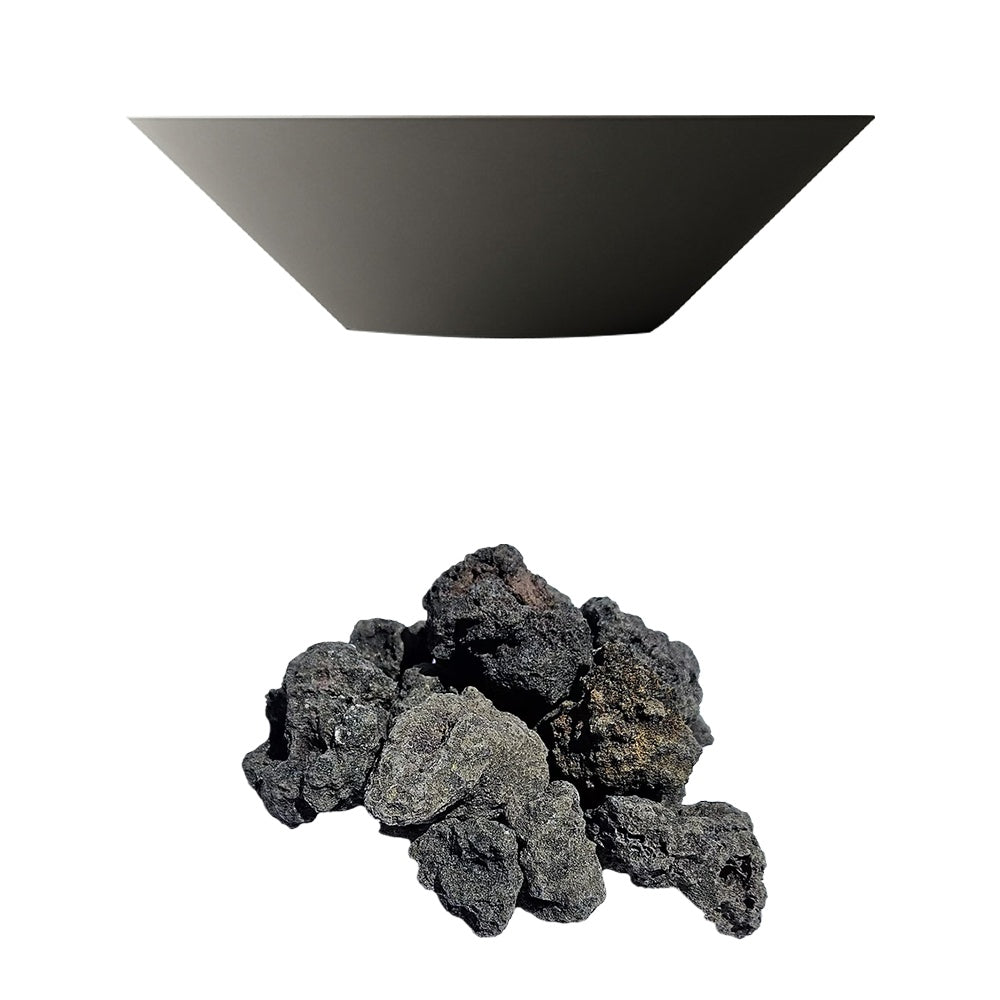 Light gray concrete gas fire bowl with dark lava rock media