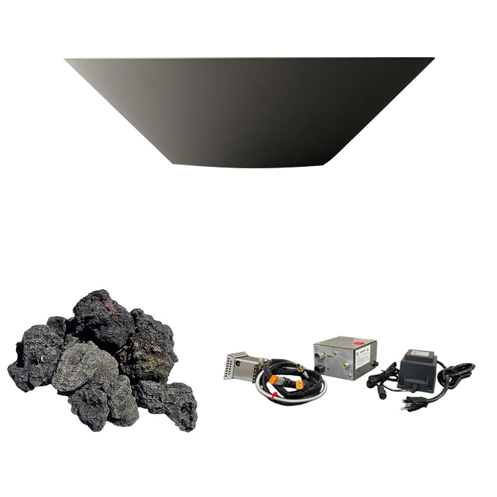 Light gray concrete gas fire bowl with dark lava rocks and gas burner kit