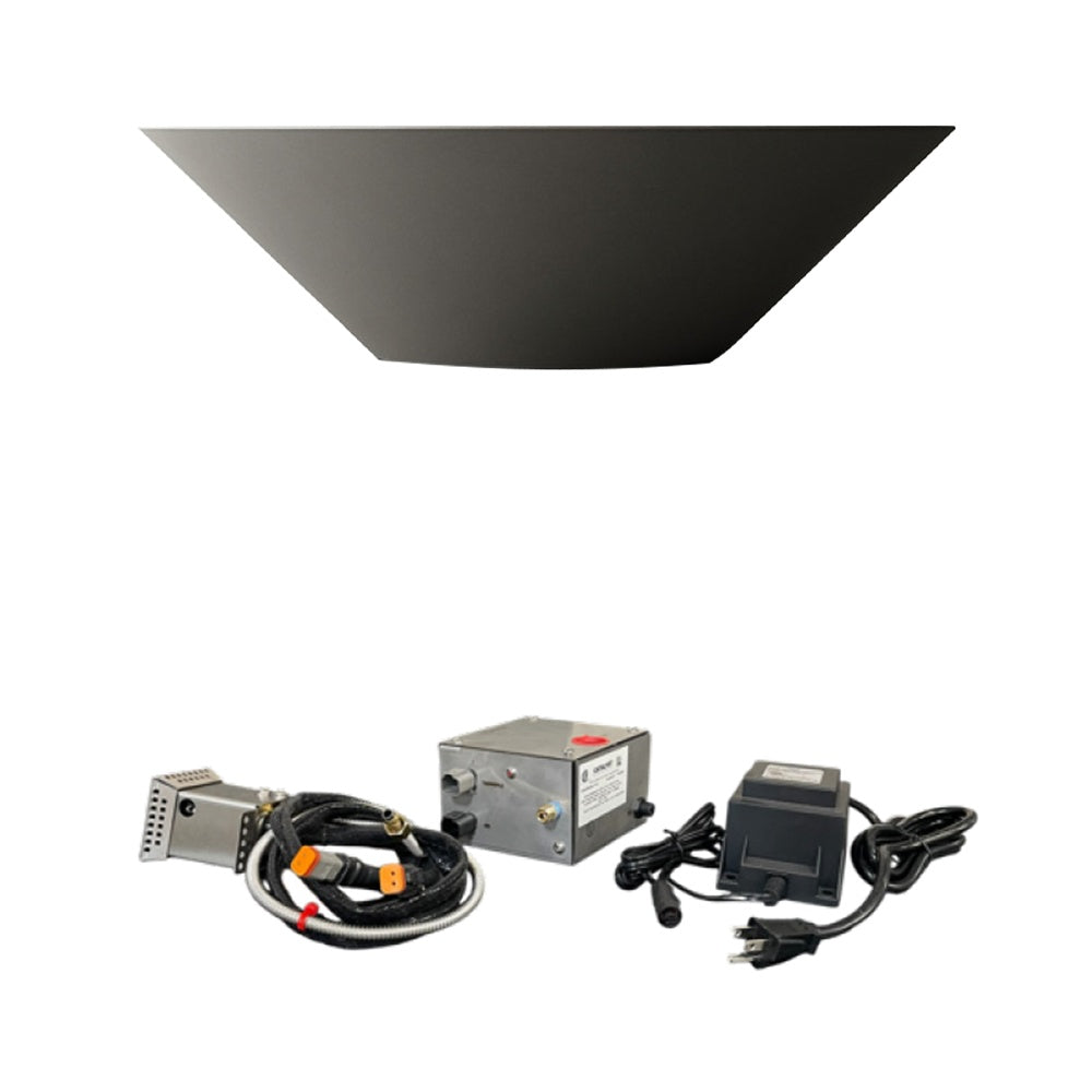 Black concrete gas fire bowl with burner assembly, cables, and control unit