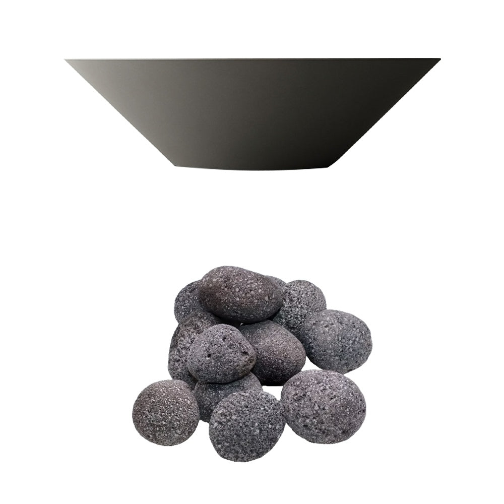 Charcoal concrete gas fire bowl with gray lava rock media