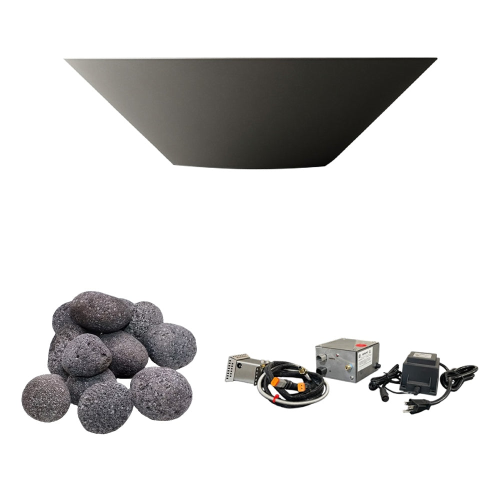 Charcoal concrete gas fire bowl with gray lava rocks and electronic ignition parts