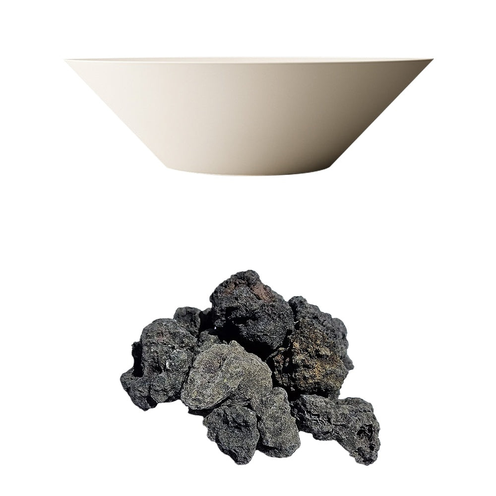 Cream concrete gas fire bowl with black lava rock media