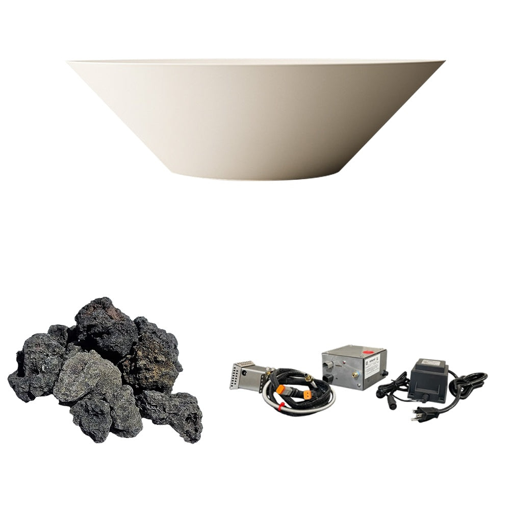 Cream concrete gas fire bowl with black lava rocks and ignition components