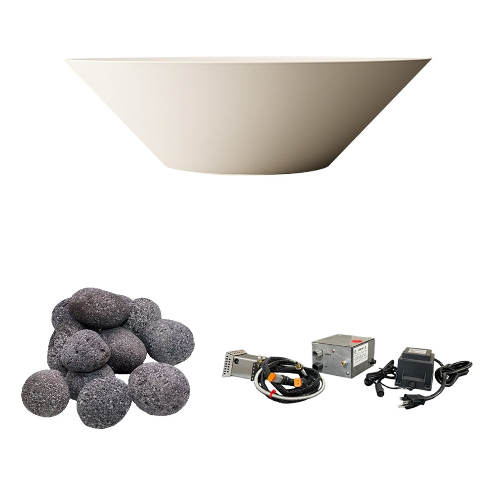 Light tan concrete gas fire bowl with gray lava rocks and gas ignition system