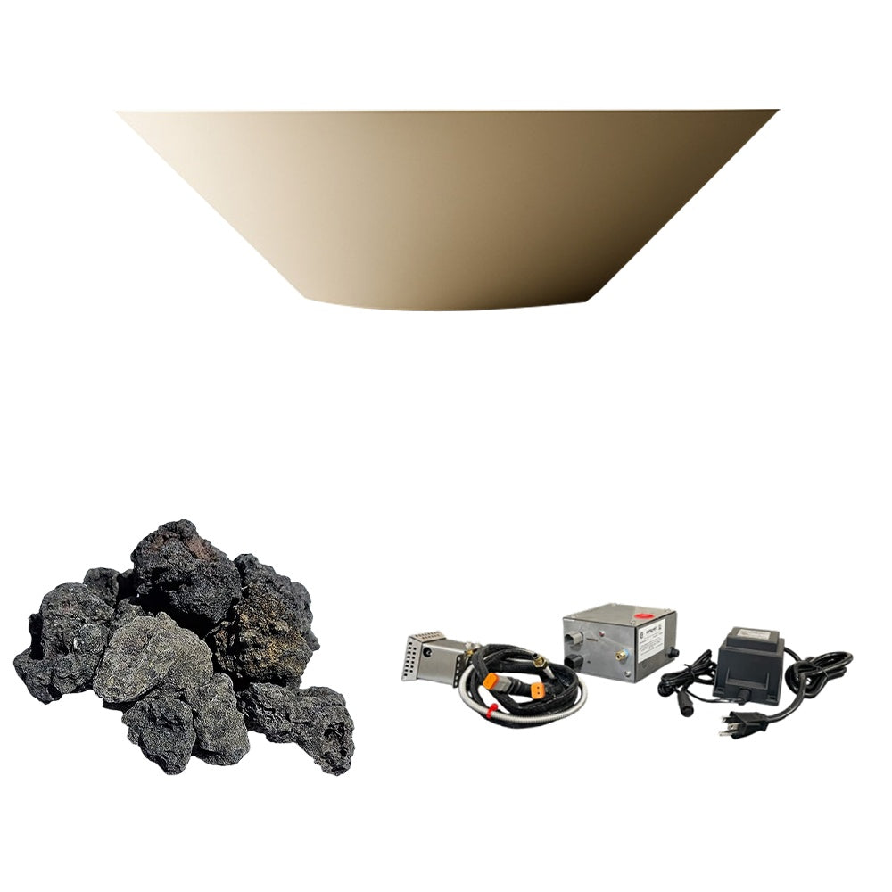Light tan concrete gas fire bowl with dark lava rocks and wiring kit