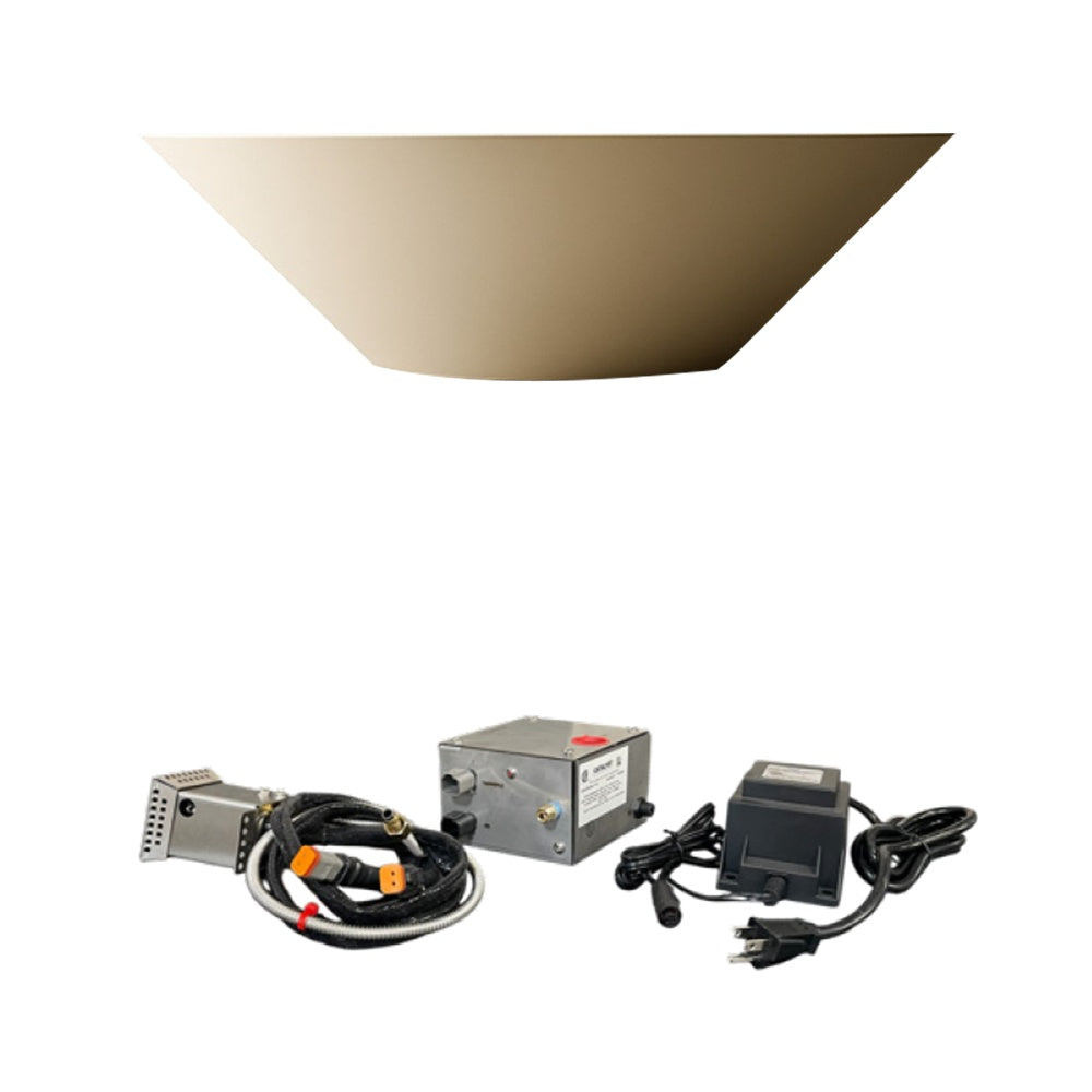 Light tan concrete gas fire bowl with ignition control module and cables