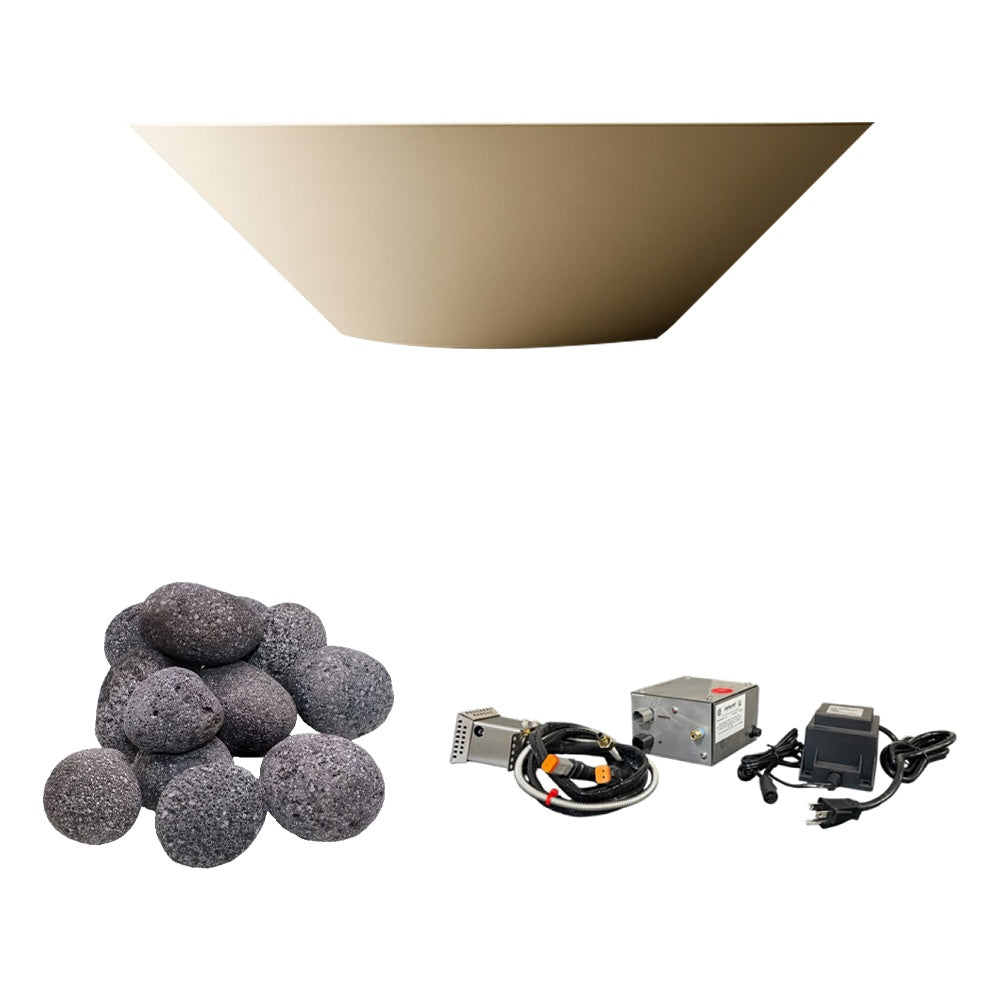 Gas fire bowl burner kit with gray lava rocks and electronic ignition components
