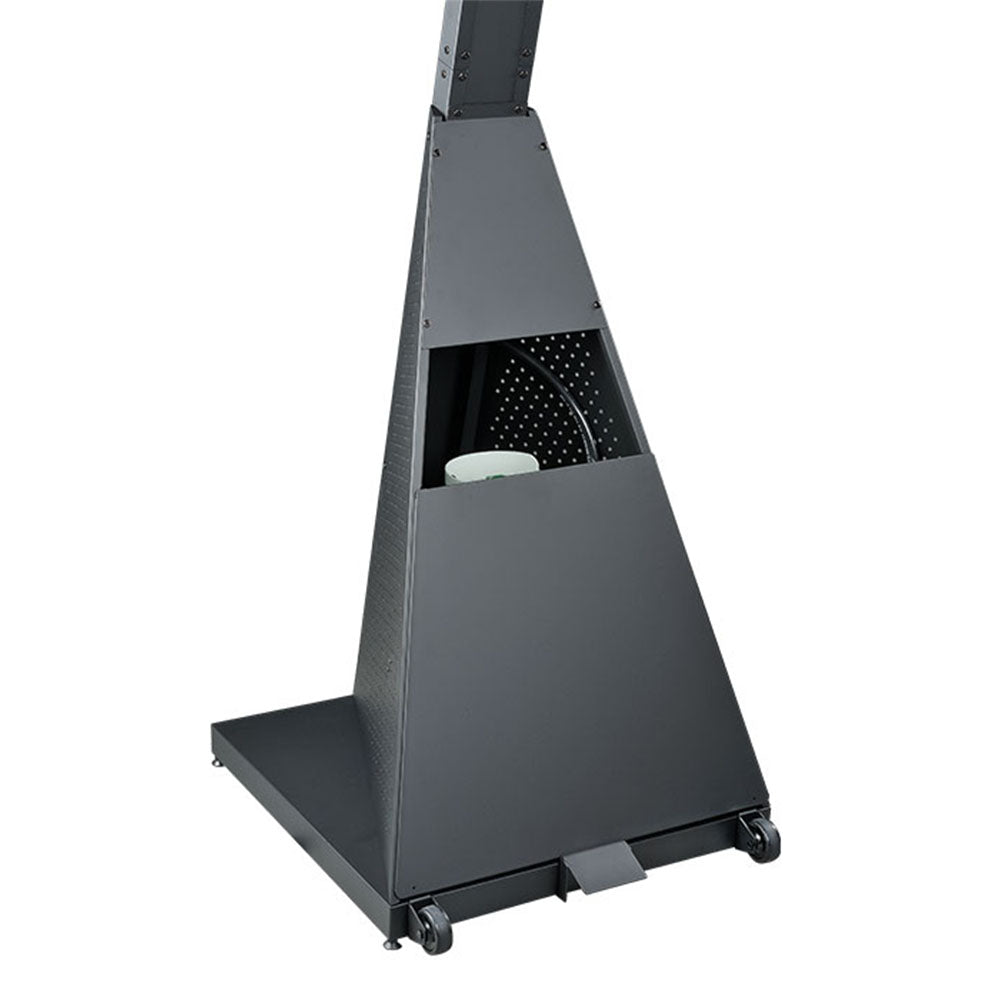 Portable LPG gas heater with stand, dark gray metal body and vented burner opening