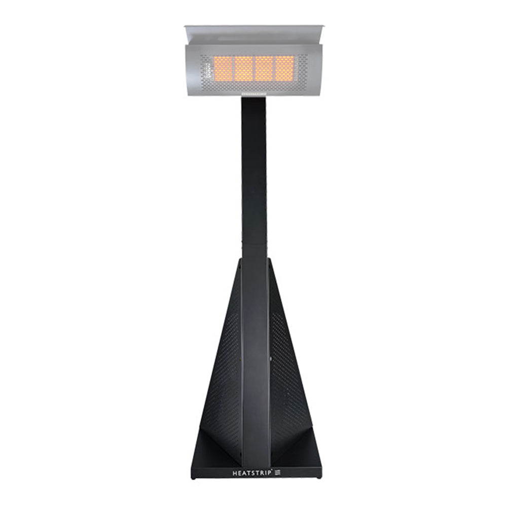 Portable LPG gas heater stand with glowing burner, black metal housing and base