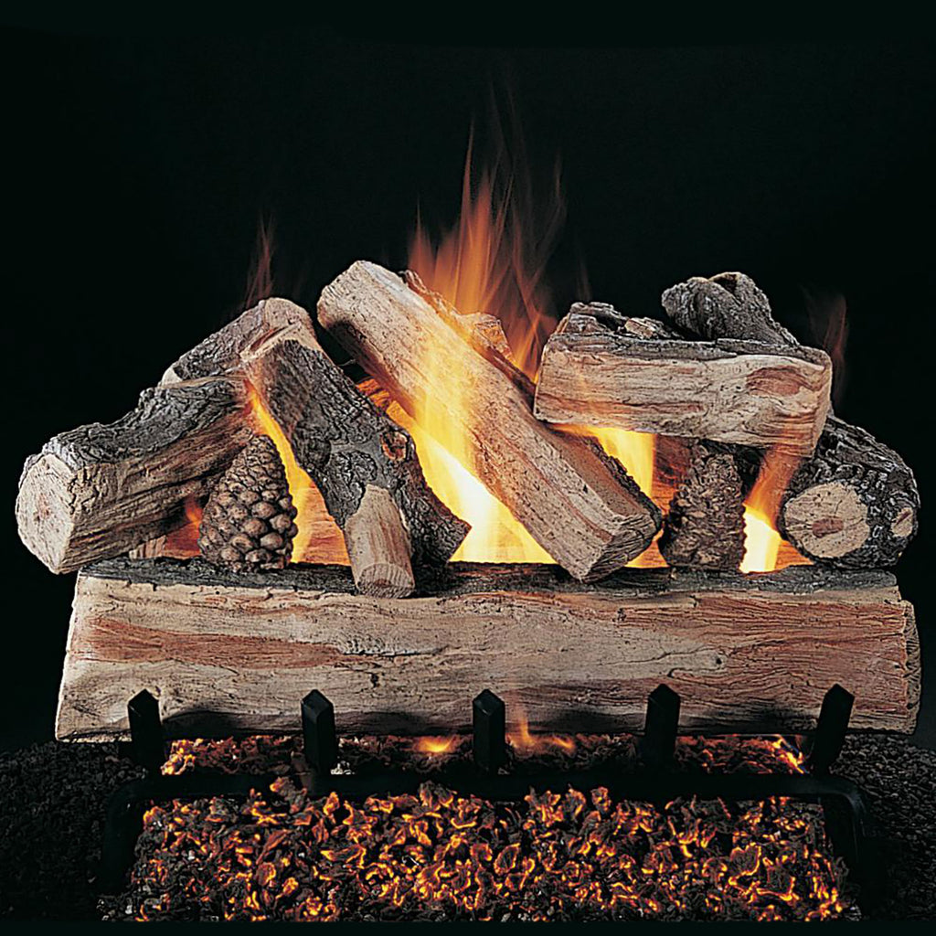 Gas log set with stacked wood pieces, flames and glowing embers