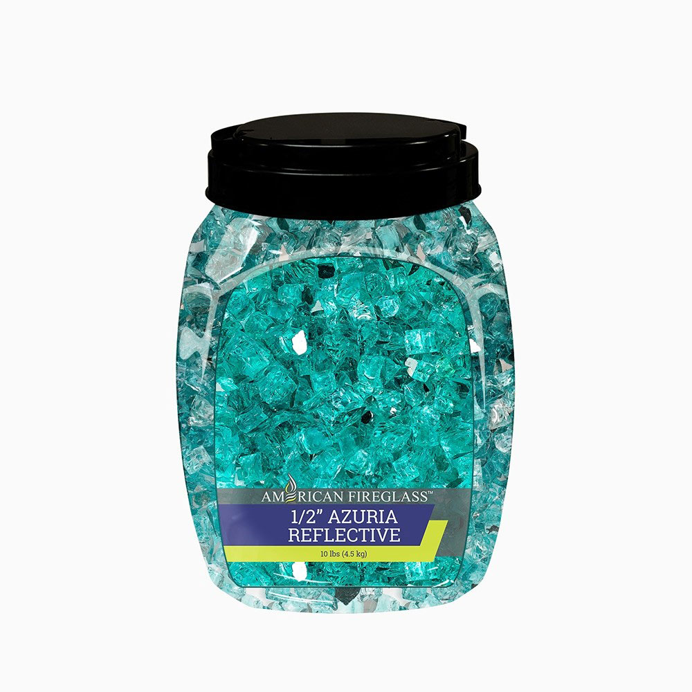Jar of turquoise blue fire glass media with faceted pieces inside