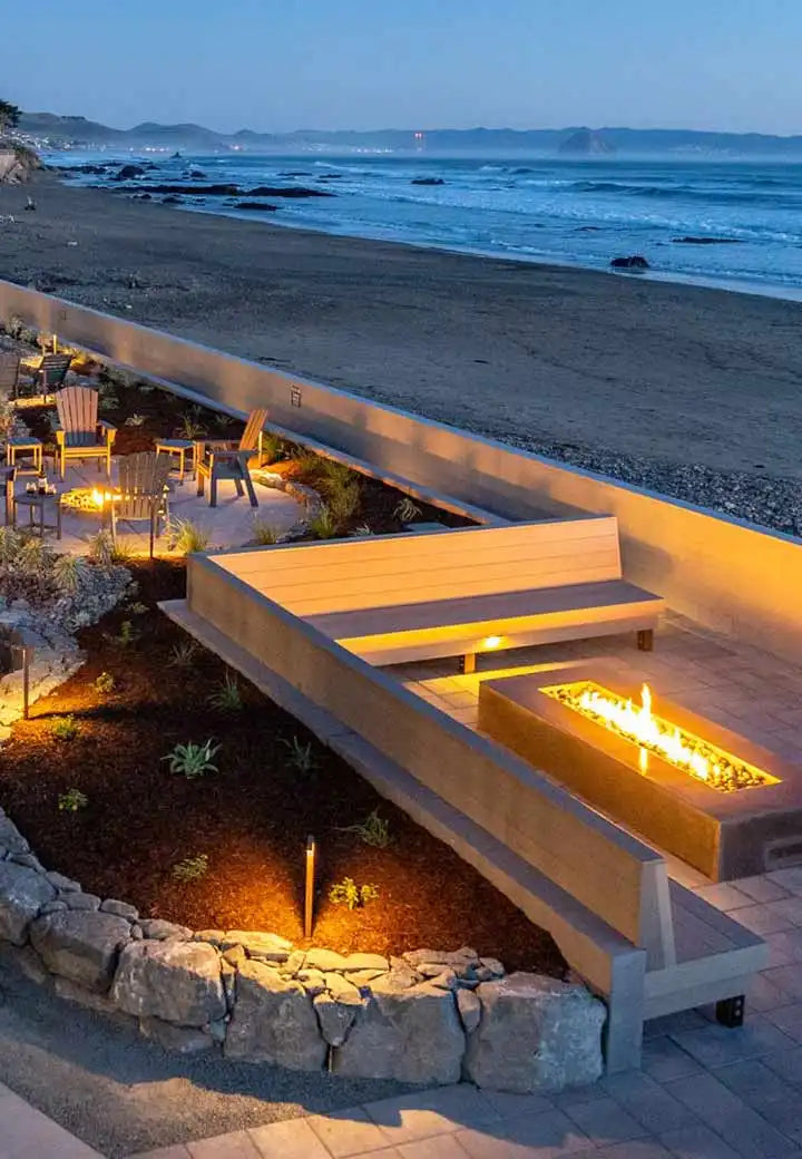 Beach front hotel firepit at dusk