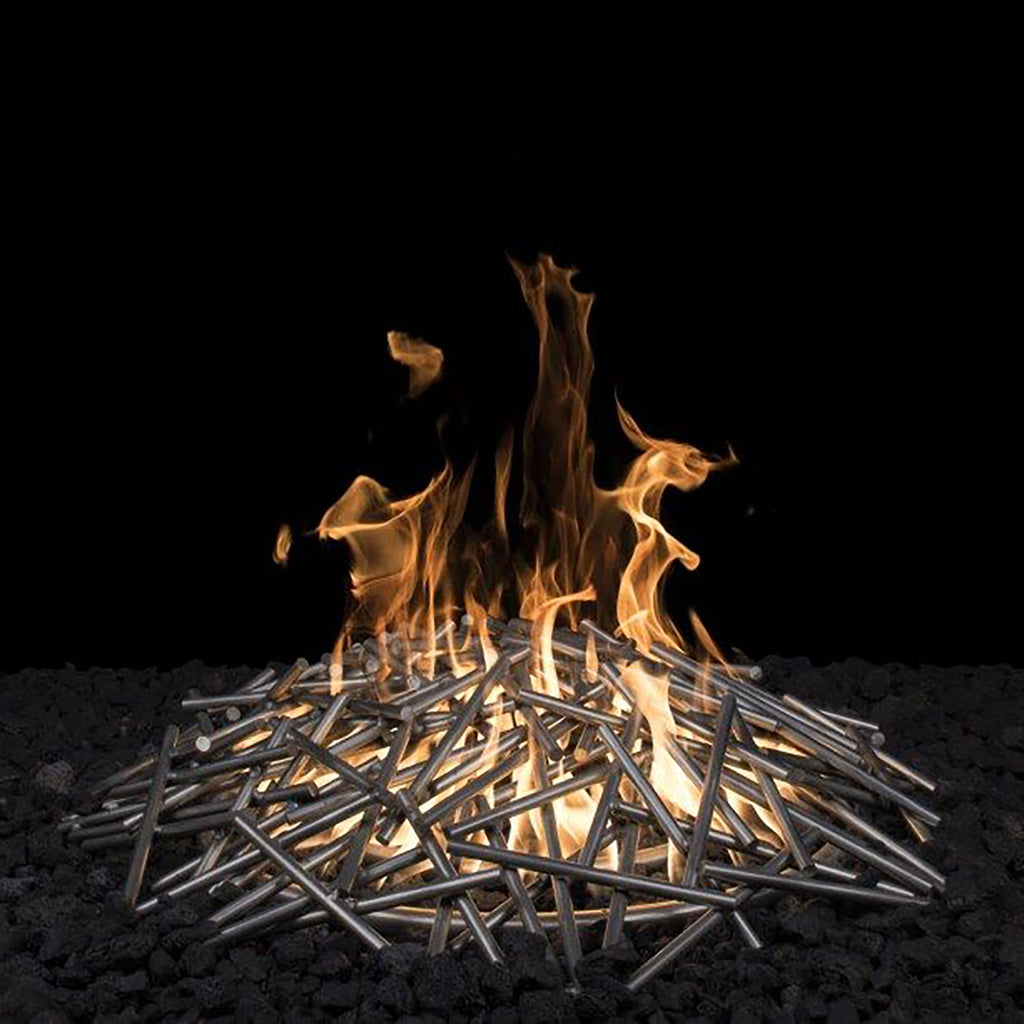 Stainless steel bird's nest burner with visible flames and lit center