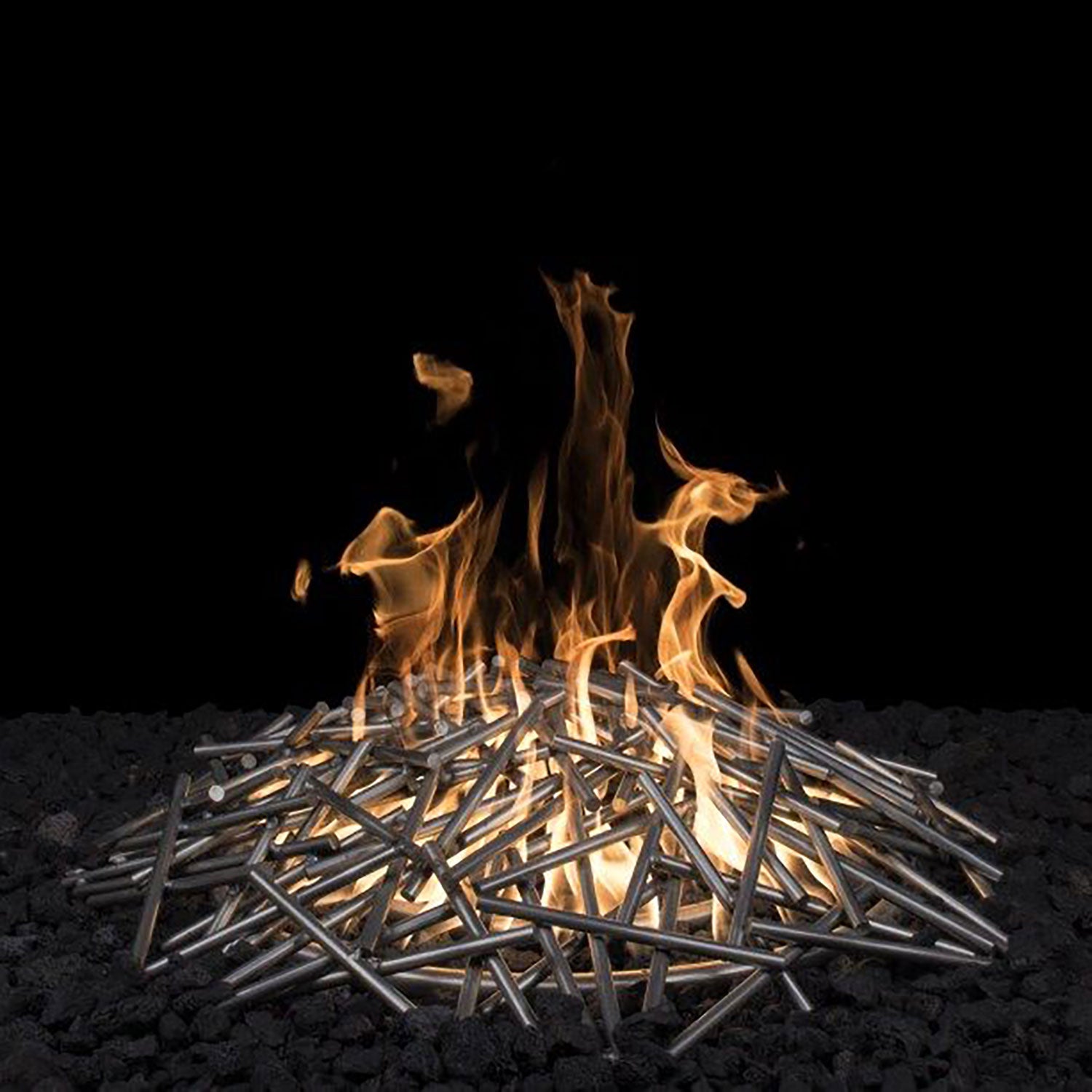 Stainless steel bird's nest burner with visible flames and lit center