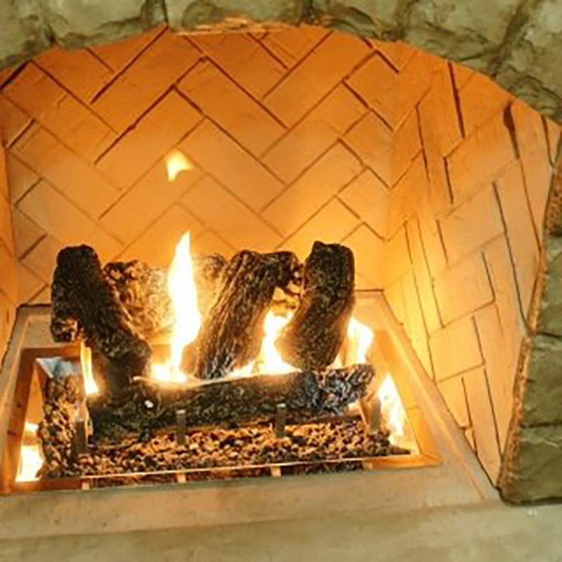 Gas fireplace log set with burning logs and visible flames