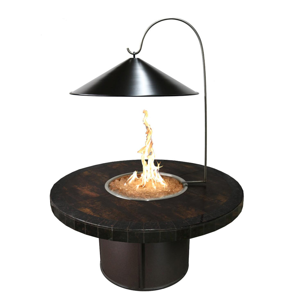Black steel cone fire pit with round base and curved carrying handle