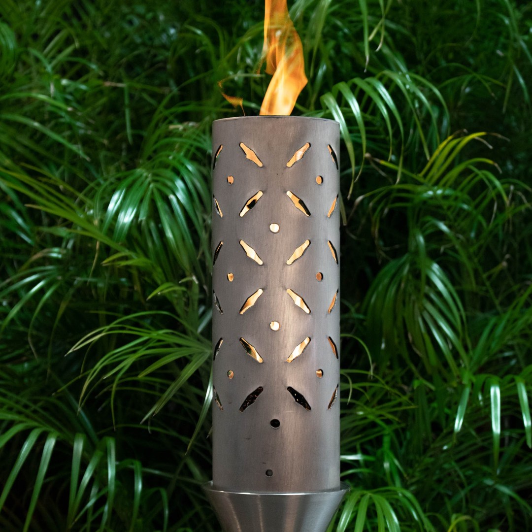 Outdoor torch with perforated metal cylinder and small flame on top