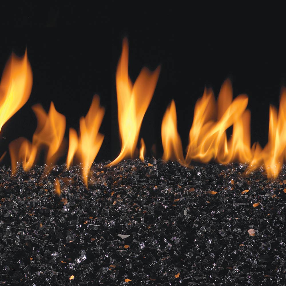 Black fire glass bed with flames and glowing embers