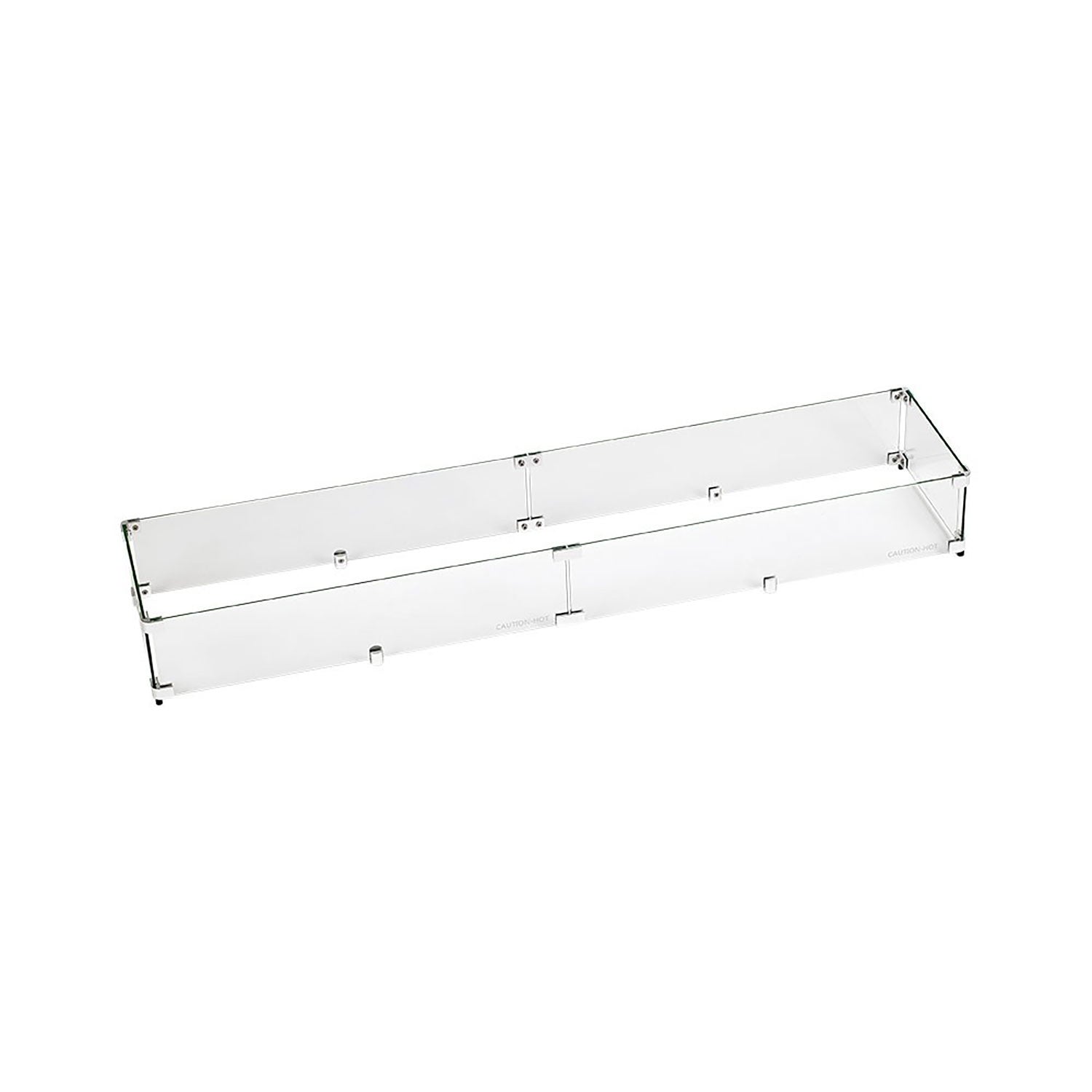 Linear clear glass wind guard for fire pit with metal frame and brackets.