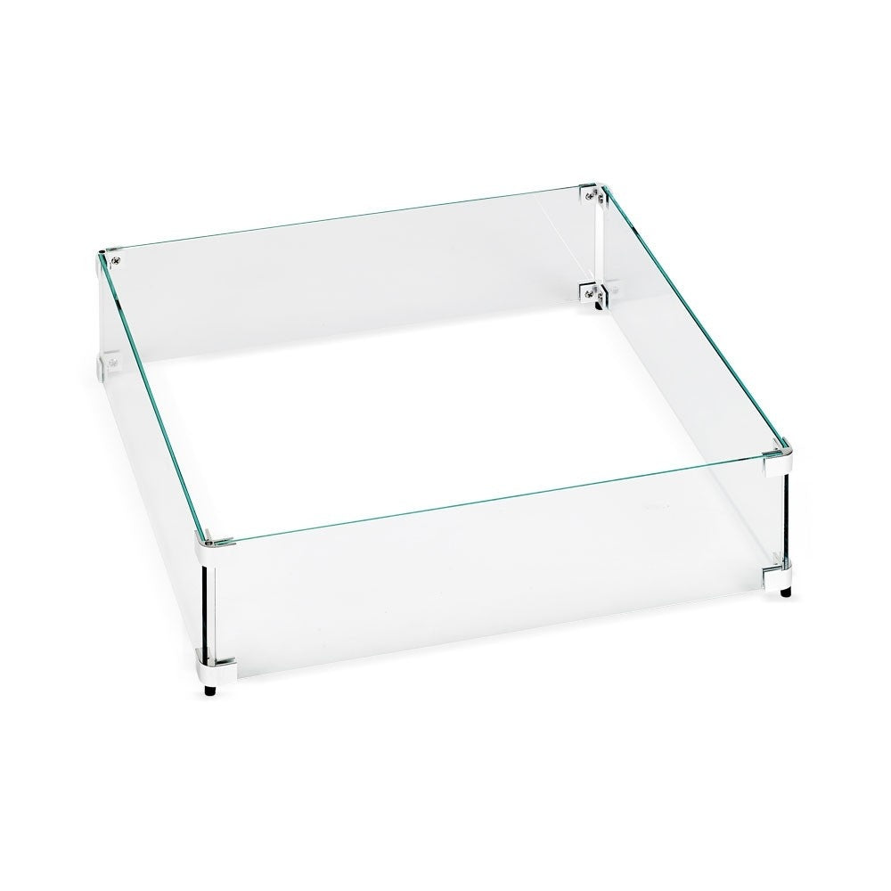 Square clear glass fire pit wind guard with metal brackets and corner supports