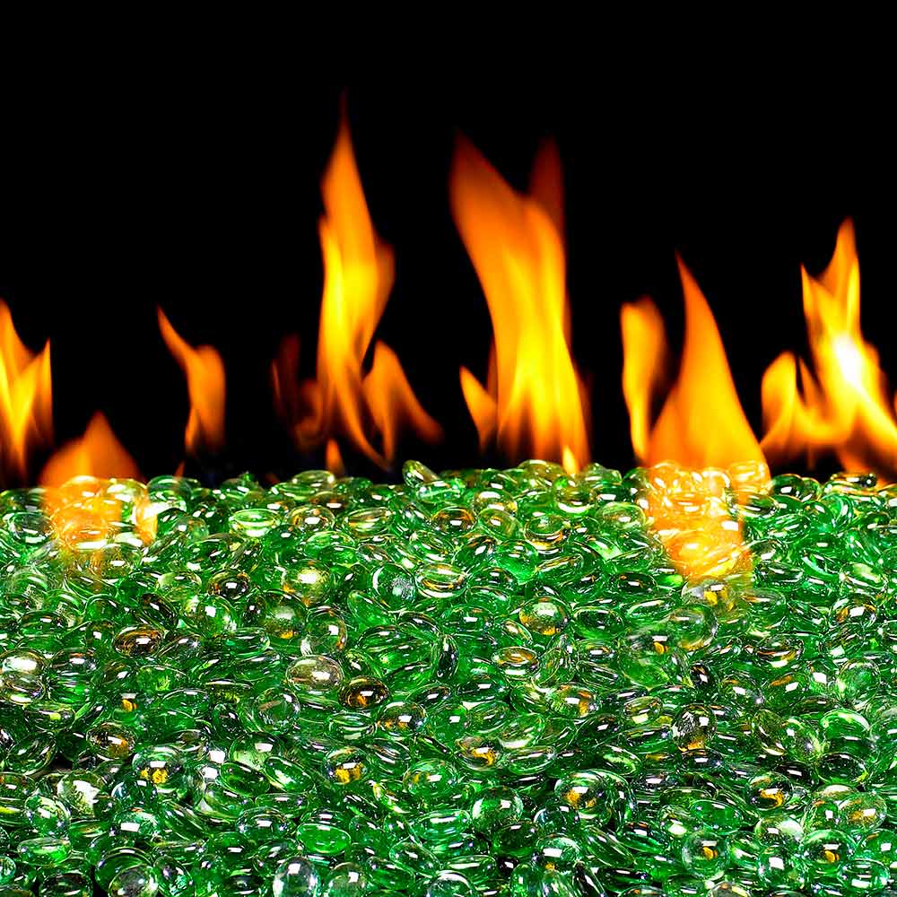 Green glass fire pit gems, scattered with glossy oval stones