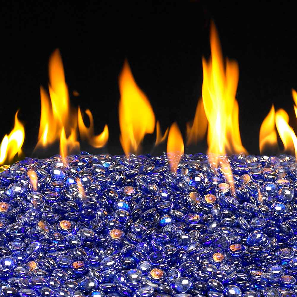 Sapphire blue glass fire gems, heaped with glossy rounded stones