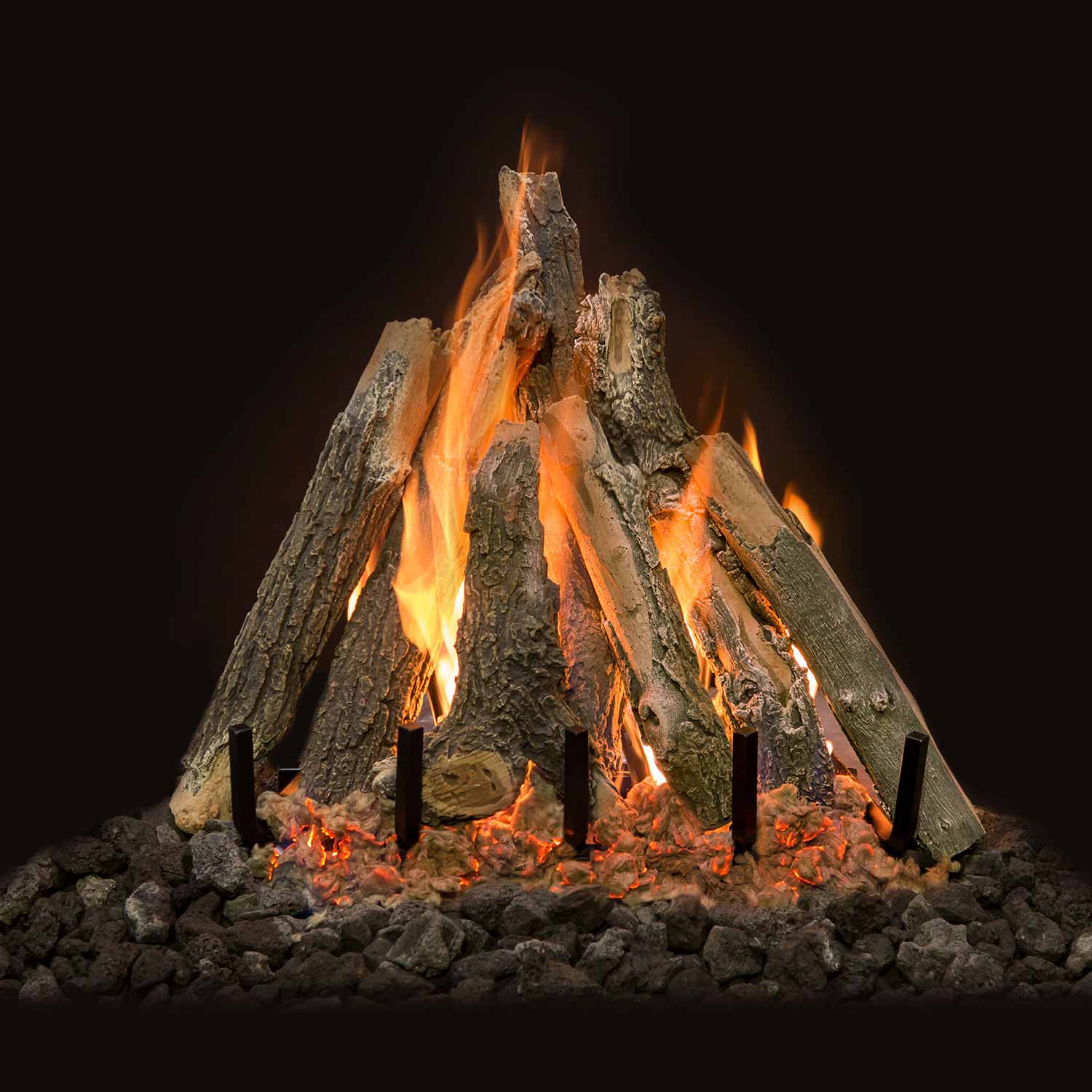 Weathered oak gas logs with visible flames and ember bed