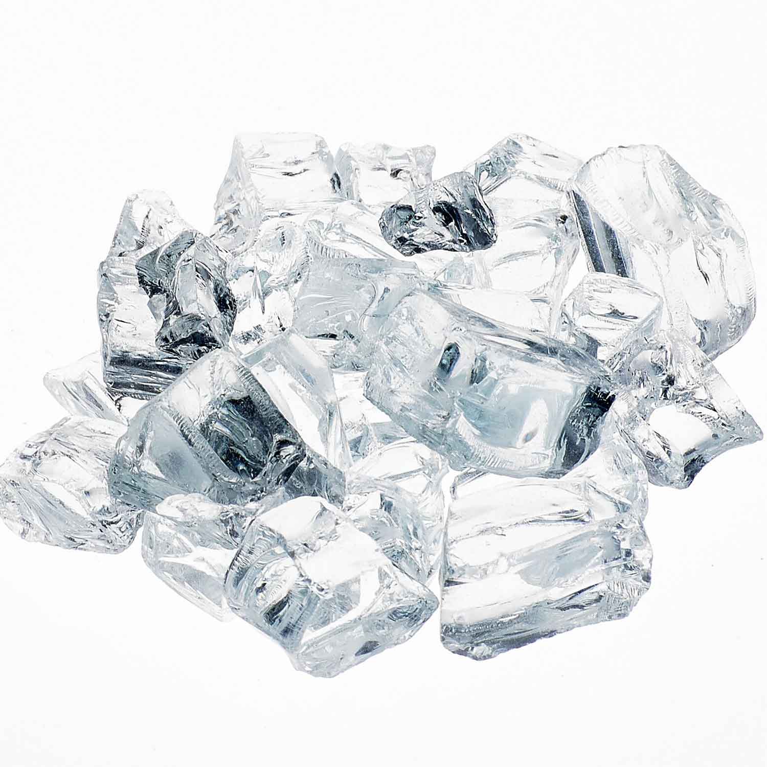Reflective fire glass chunks, clear with light blue tones