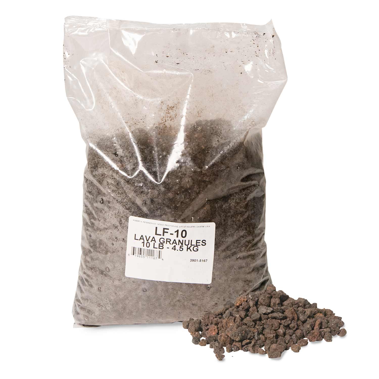 Lava-fyre granules bag with pale gravel and product label