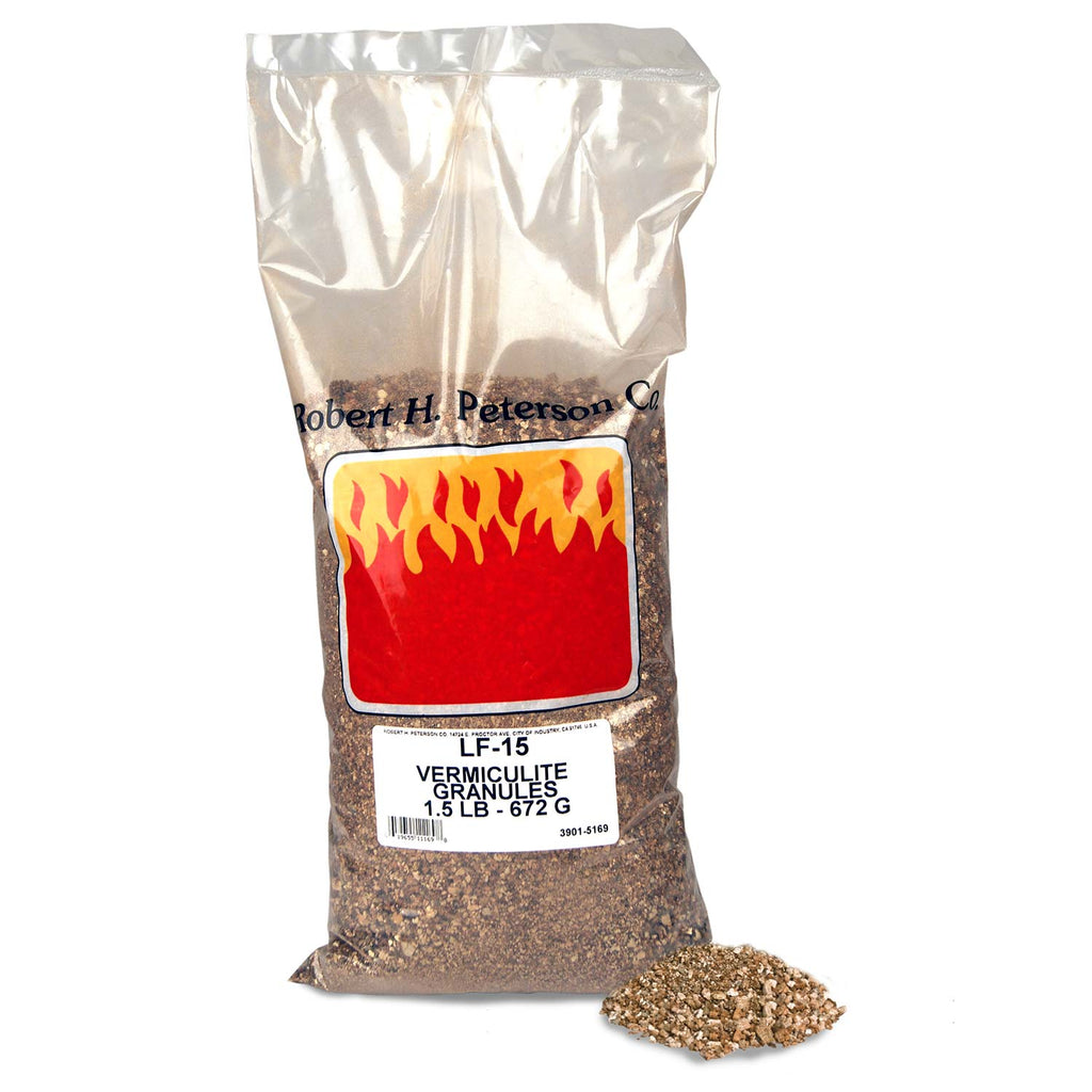 Real Fyre vermiculite granules in sealed bag with label, plus loose granules