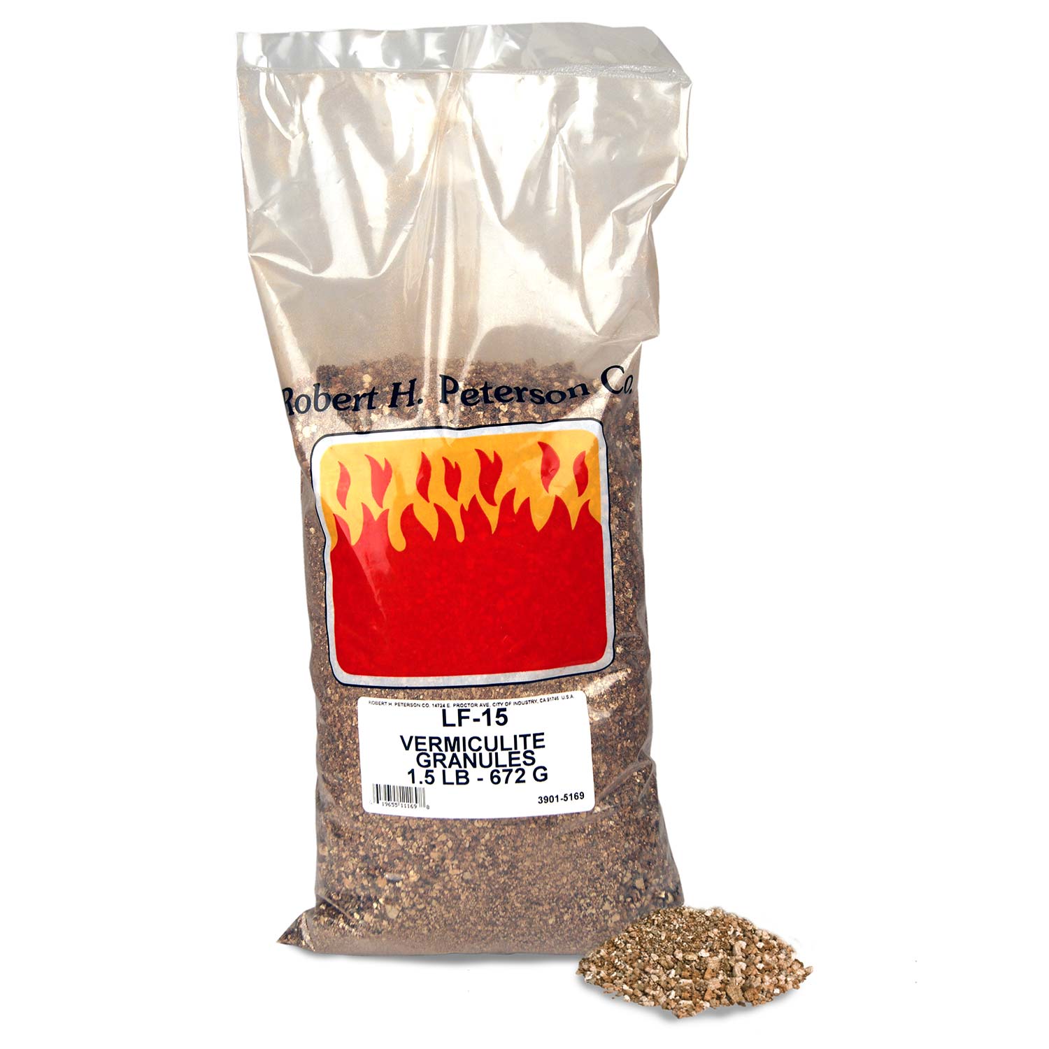 Real Fyre vermiculite granules in sealed bag with label, plus loose granules