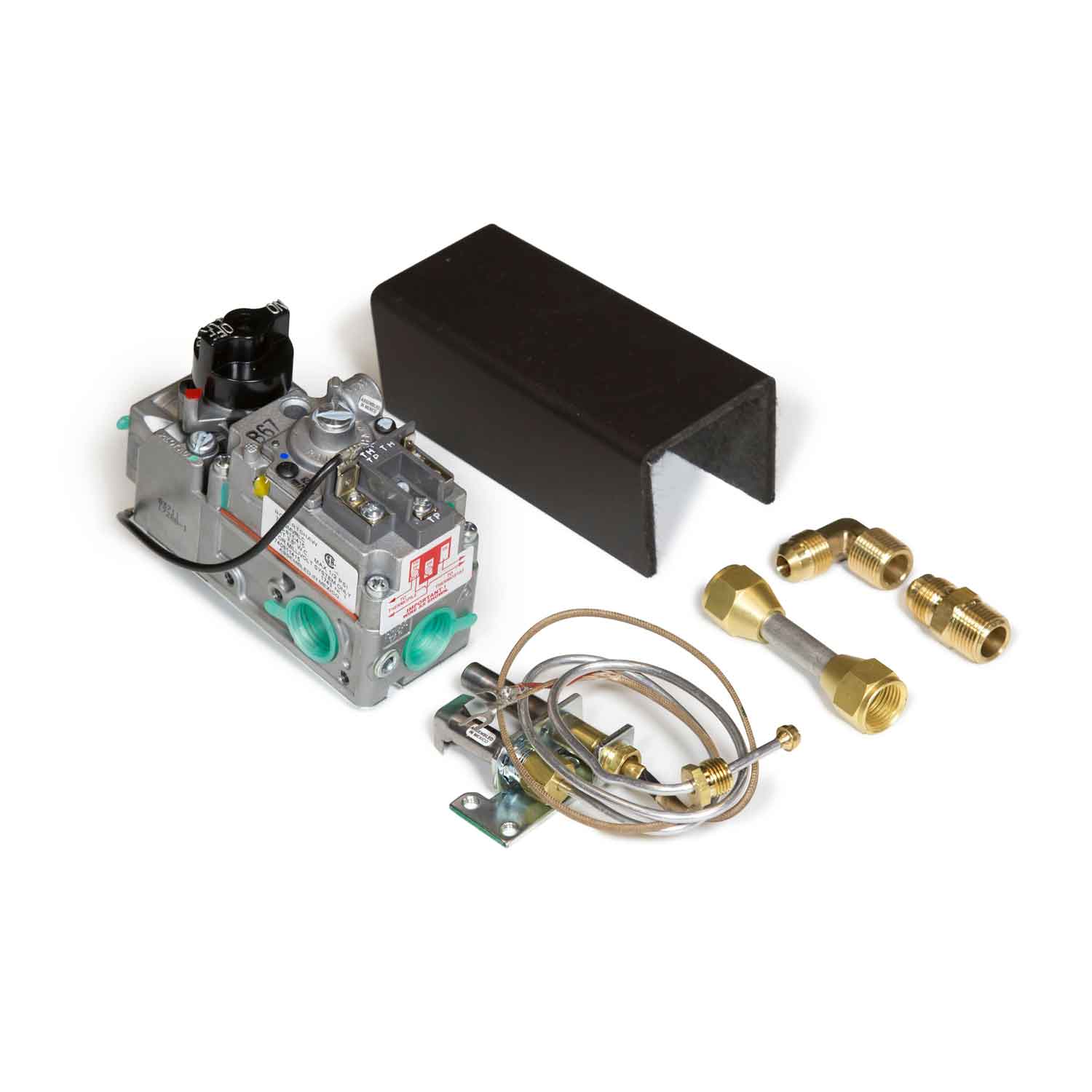 Propane burner control valve assembly with black cover and brass connectors
