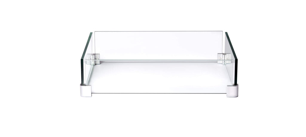 Linear glass windscreen with clear panels and metal corner feet, 54x15 in.