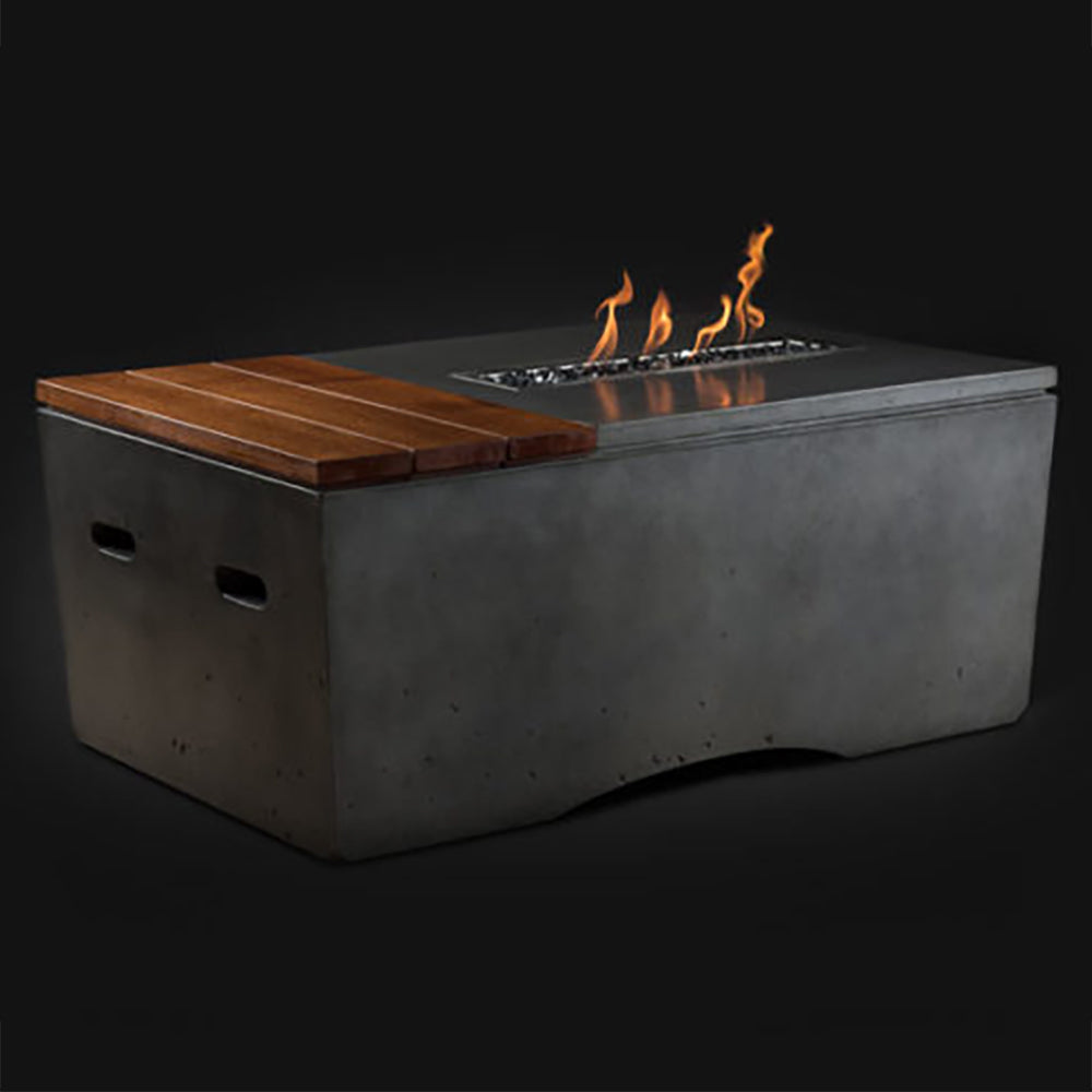 Rectangle fire table with gray metal base and brown wood side lid; flames burning in center