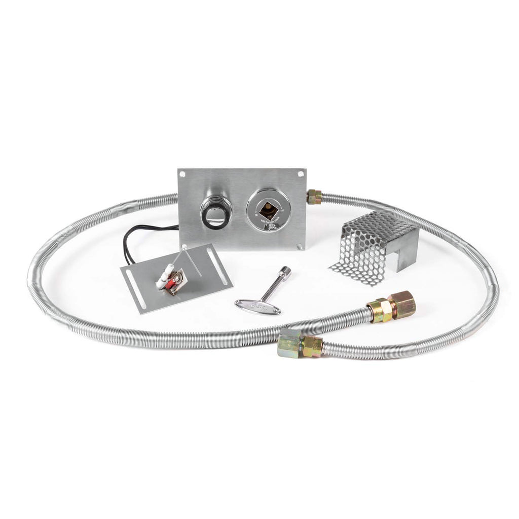 Natural gas spark ignition kit with push-button, metal plate, and flexible hoses