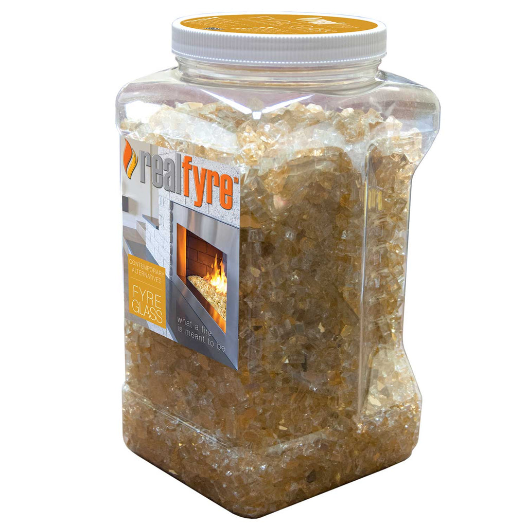 Packaged fire glass crystals in a clear plastic jar with an orange lid