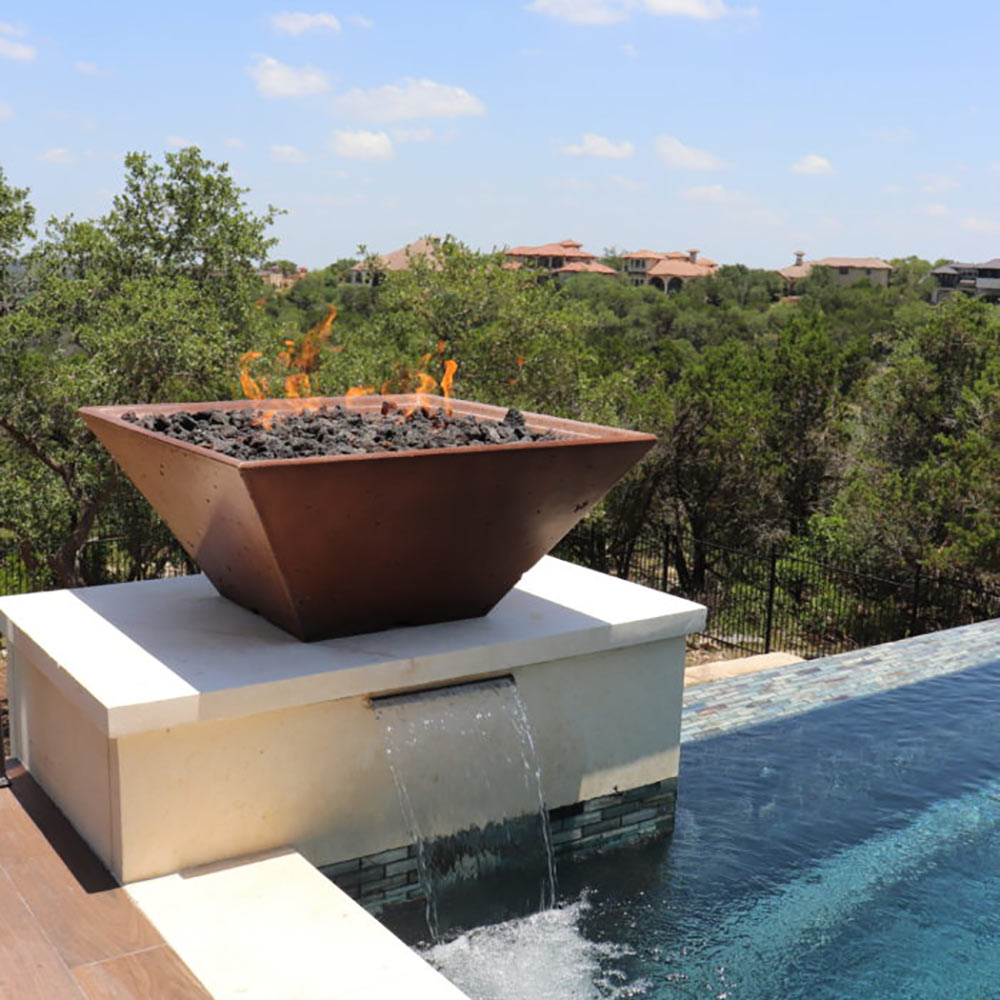 29-inch square fire pit with flames on a rectangular pedestal base
