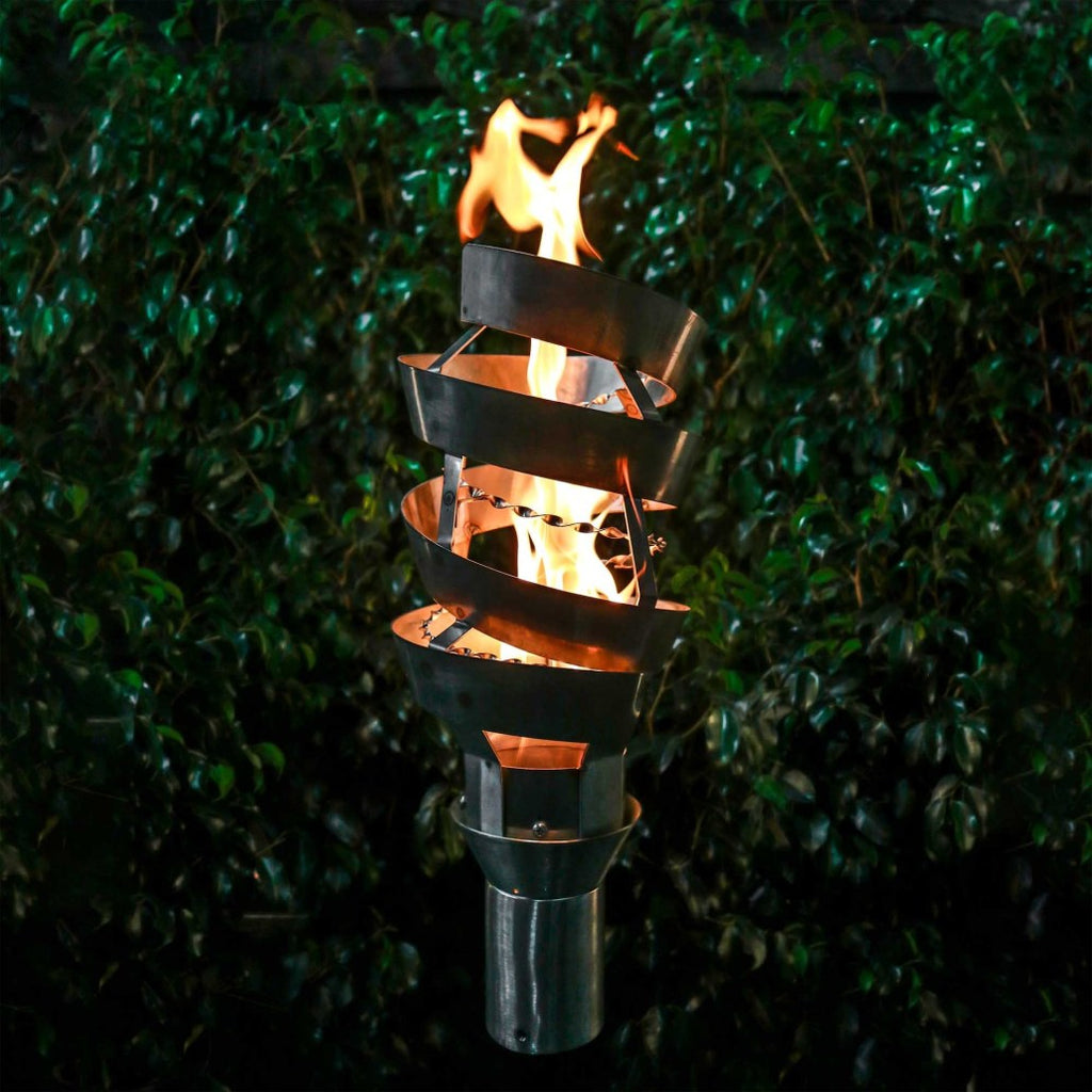 Outdoor spiral torch with flame and metal stand, black steel frame