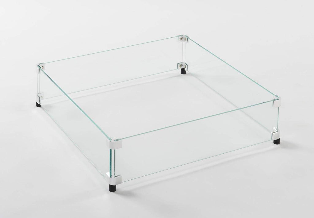 Square glass wind guard with clear panels and corner metal feet