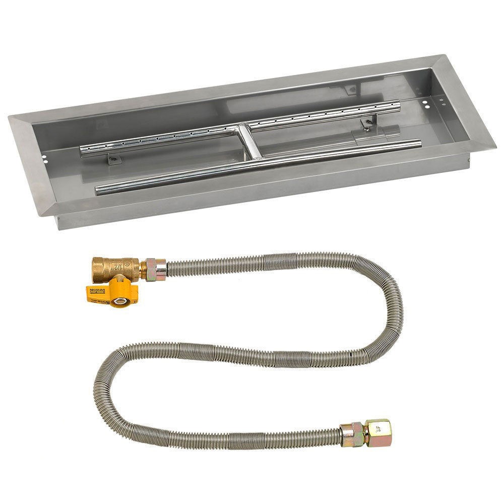 Rectangular stainless fire pit burner pan with gas hose and yellow valve