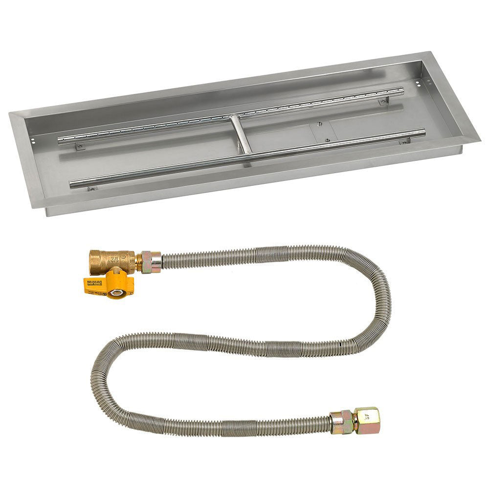 Rectangular stainless fire pit burner pan with gas hose and yellow valve, front view