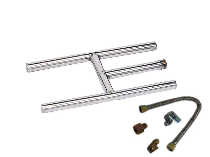 Rectangular fireplace burner assembly with T-shaped support and included gas hose kit