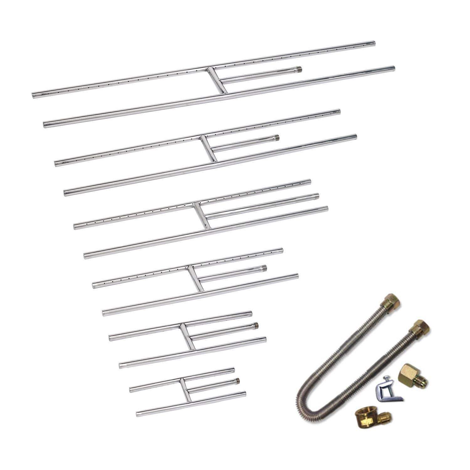 Rectangular fireplace burner assembly with parallel metal tubes and cross brace, plus fittings