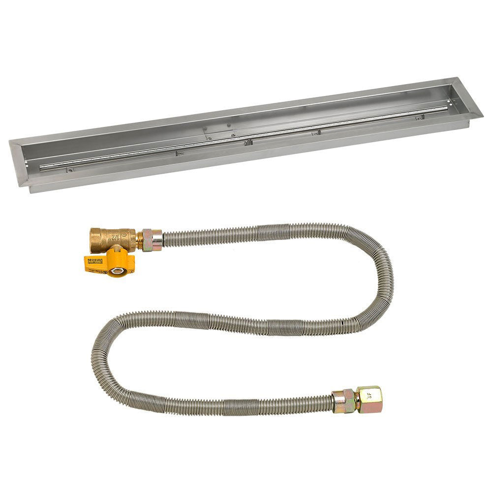 Stainless trough burner pan with gas valve and two flexible hoses with brass ends