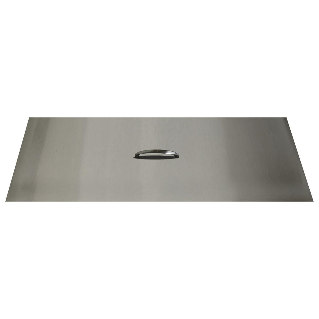Rectangular fire pit cover in brushed stainless steel with circular handle cutout